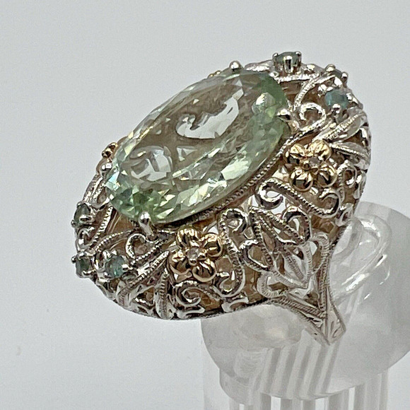 WB WEINMAN BROTHERS Sterling Silver & 14 K Gold Green Amethyst Ring - Size 9.25 - Picture 3 of 8